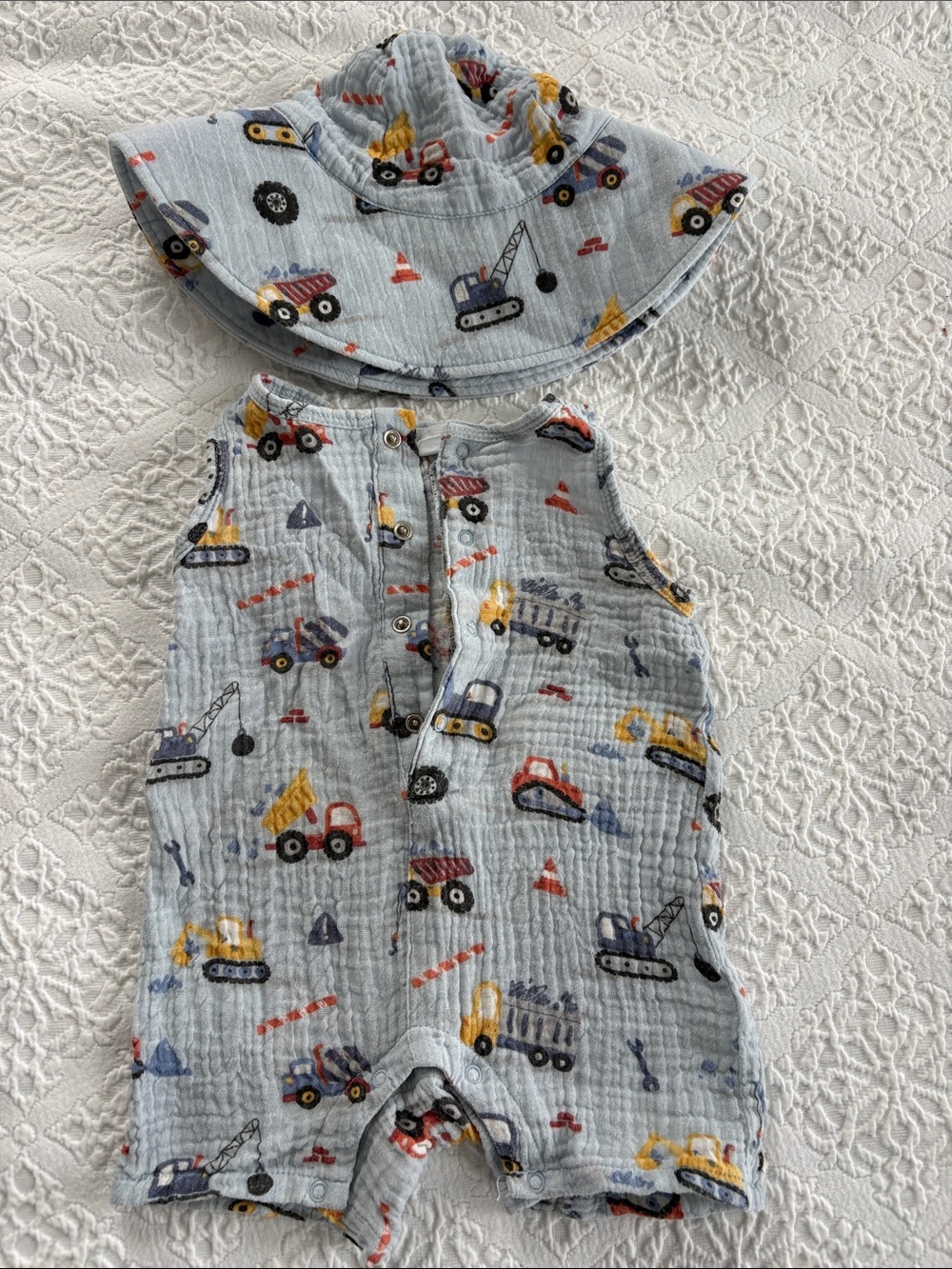 Angel Dear Light Blue Construction Print Sun Hat & Romper Set